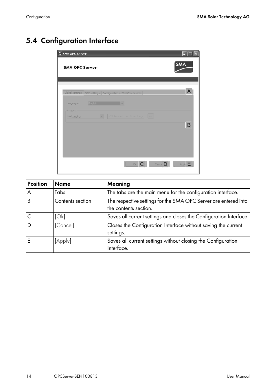 4 configuration interface, Configuration interface | SMA OPC SERVER User Manual | Page 14 / 36