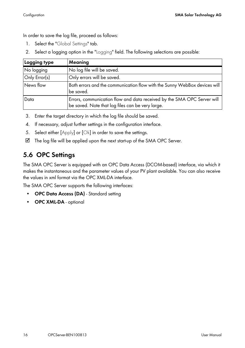 6 opc settings, Opc settings | SMA OPC SERVER User Manual | Page 16 / 36