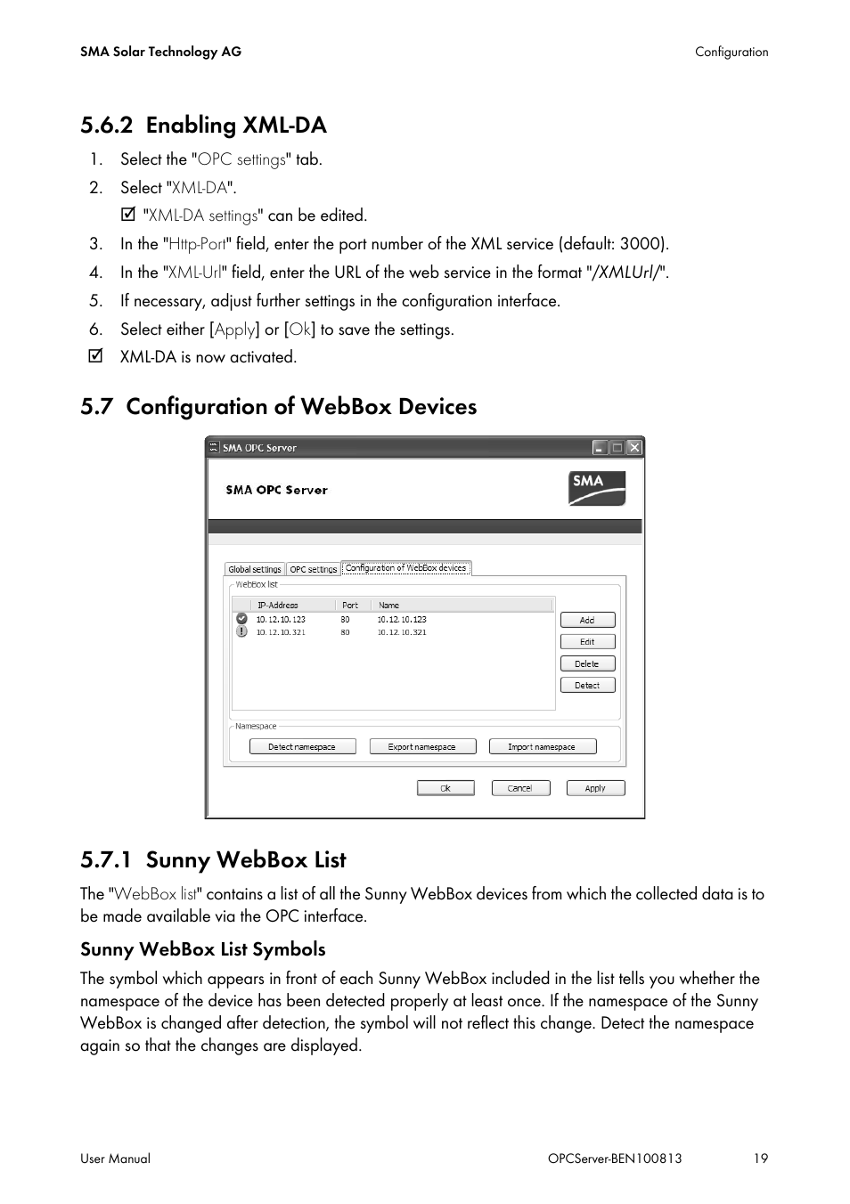 2 enabling xml-da, 7 configuration of webbox devices, 1 sunny webbox list | Enabling xml-da, Configuration of webbox devices, Sunny webbox list | SMA OPC SERVER User Manual | Page 19 / 36