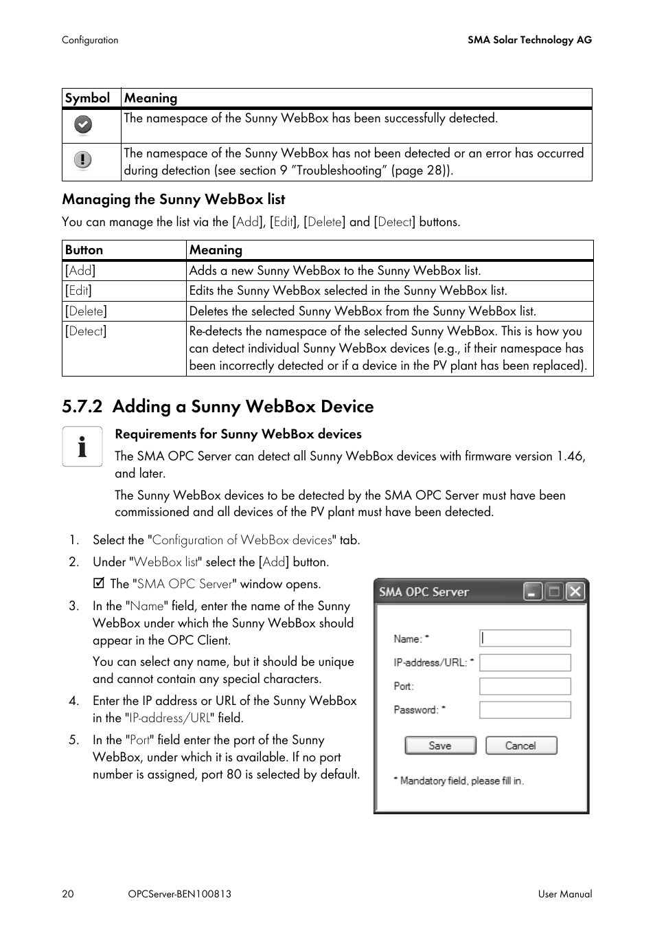 2 adding a sunny webbox device, Adding a sunny webbox device | SMA OPC SERVER User Manual | Page 20 / 36