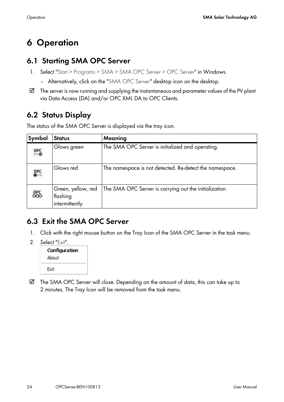 6 operation, 1 starting sma opc server, 2 status display | 3 exit the sma opc server, Operation, Starting sma opc server, Status display, Exit the sma opc server | SMA OPC SERVER User Manual | Page 24 / 36