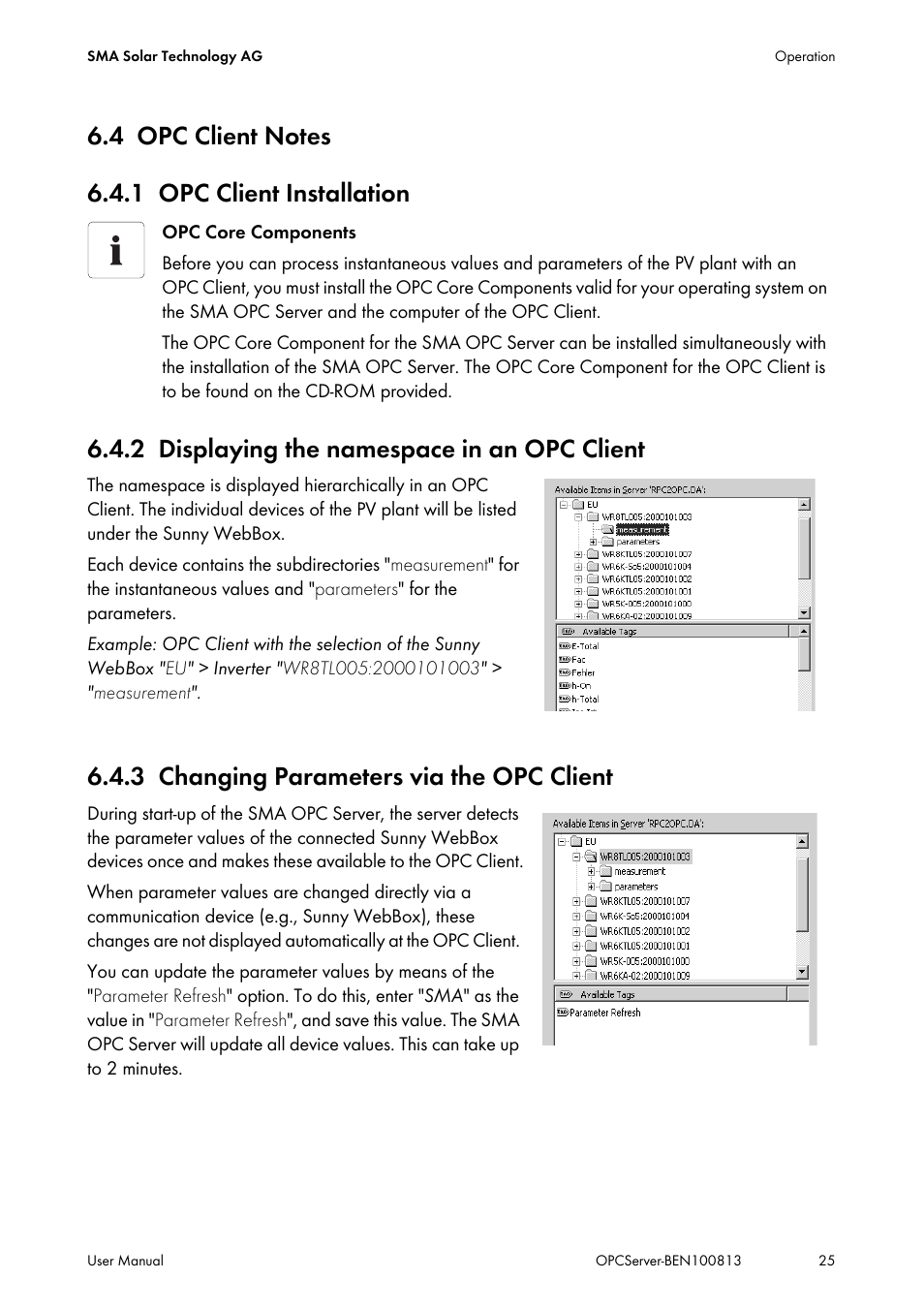 4 opc client notes, 1 opc client installation, 2 displaying the namespace in an opc client | 3 changing parameters via the opc client, Opc client notes, Opc client installation, Displaying the namespace in an opc client, Changing parameters via the opc client | SMA OPC SERVER User Manual | Page 25 / 36