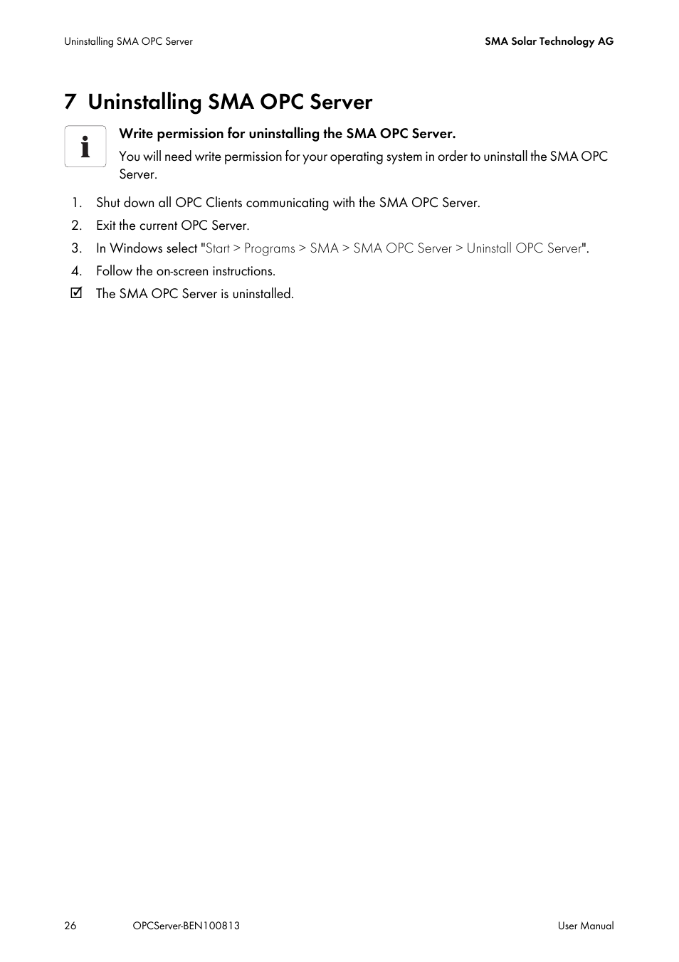 7 uninstalling sma opc server, Uninstalling sma opc server, Section 7 ”uninstalling | SMA OPC SERVER User Manual | Page 26 / 36