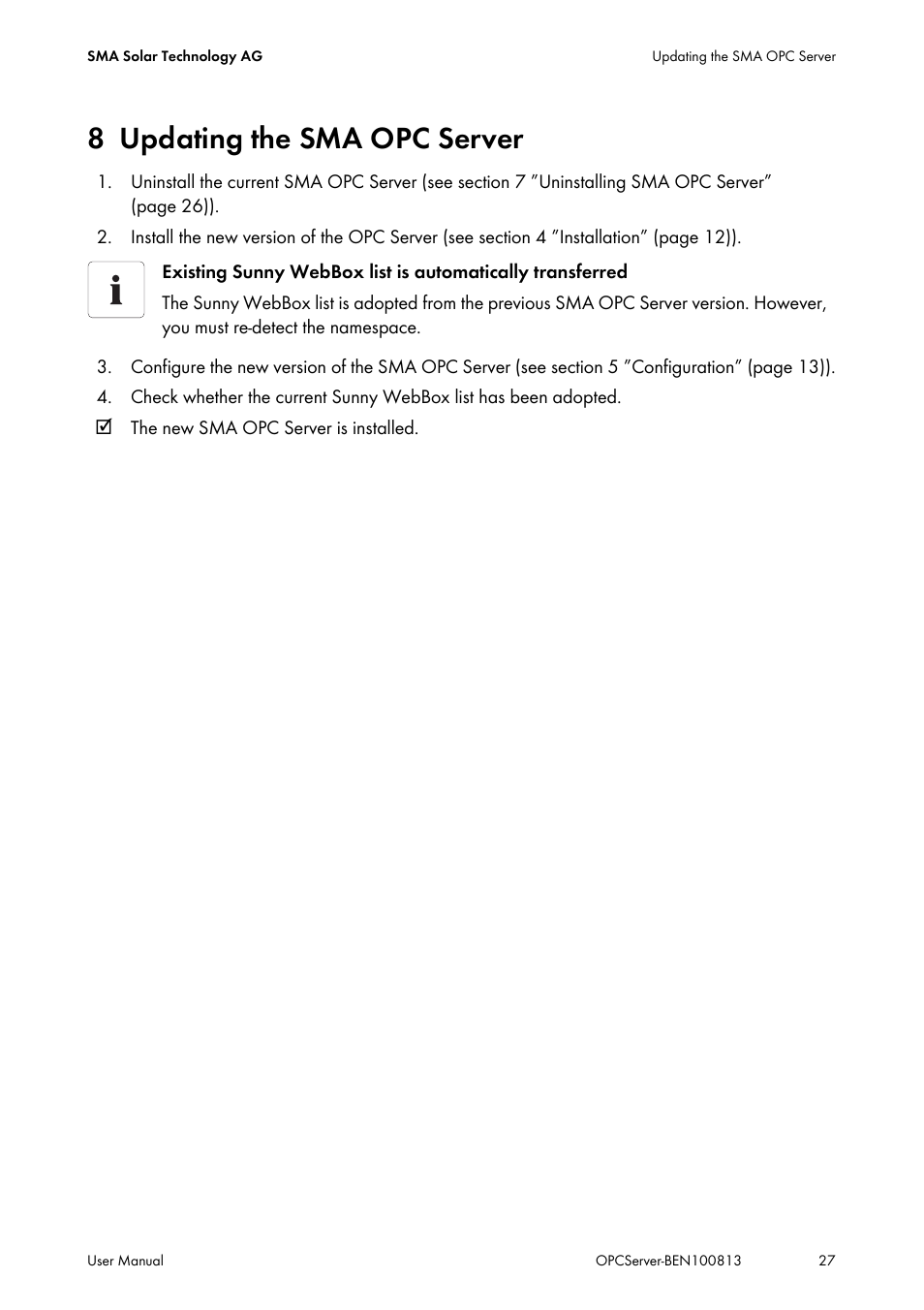 8 updating the sma opc server, Updating the sma opc server | SMA OPC SERVER User Manual | Page 27 / 36