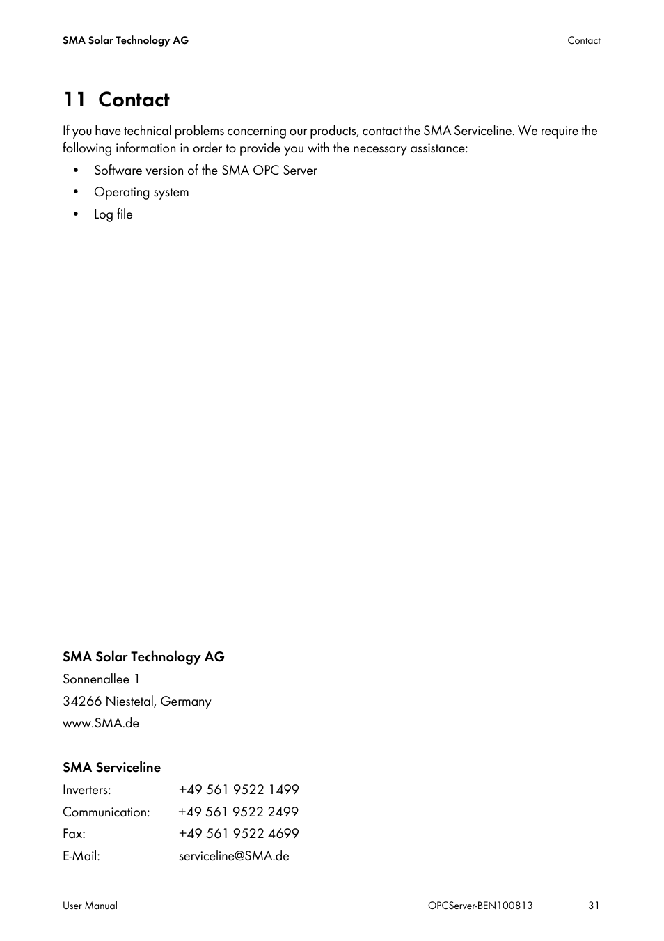11 contact, Contact | SMA OPC SERVER User Manual | Page 31 / 36