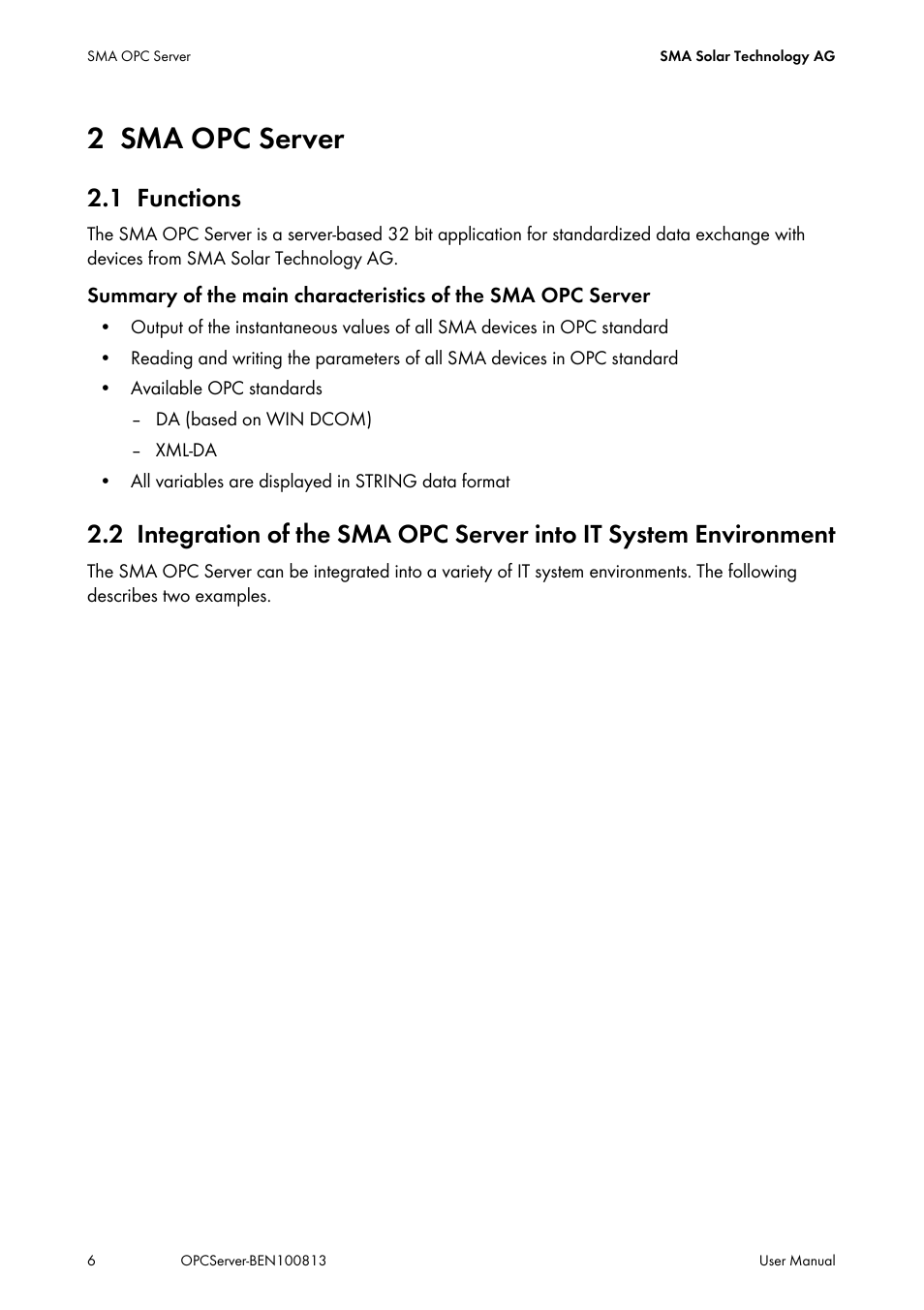 2 sma opc server, 1 functions, Sma opc server | Functions | SMA OPC SERVER User Manual | Page 6 / 36