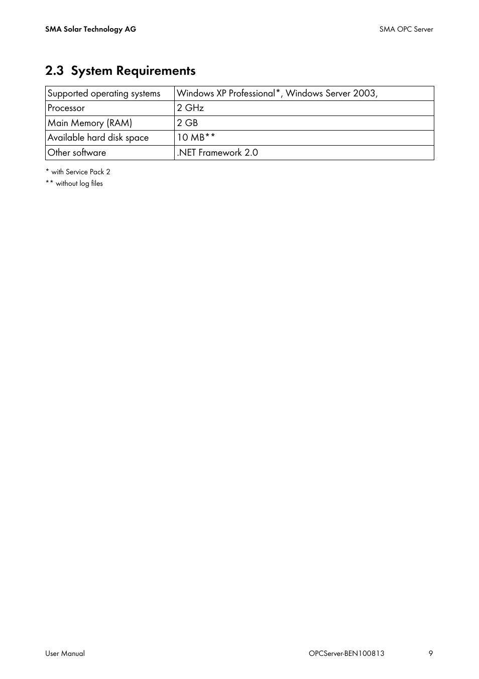 3 system requirements, System requirements | SMA OPC SERVER User Manual | Page 9 / 36