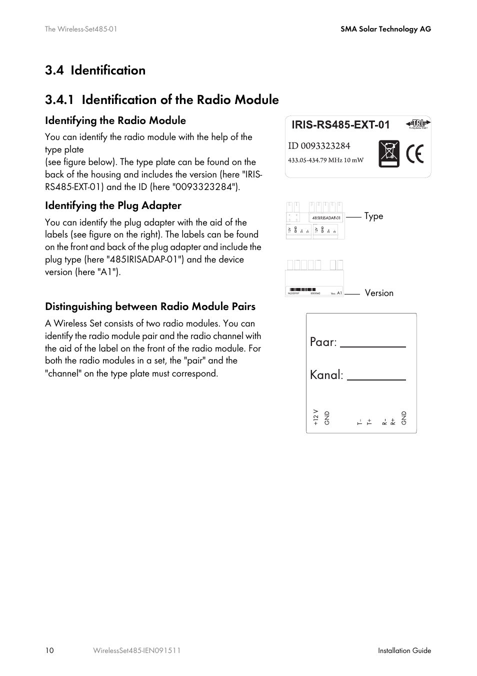4 identification, 1 identification of the radio module, Identification | Identification of the radio module | SMA Wireless-Set485-01 User Manual | Page 10 / 36