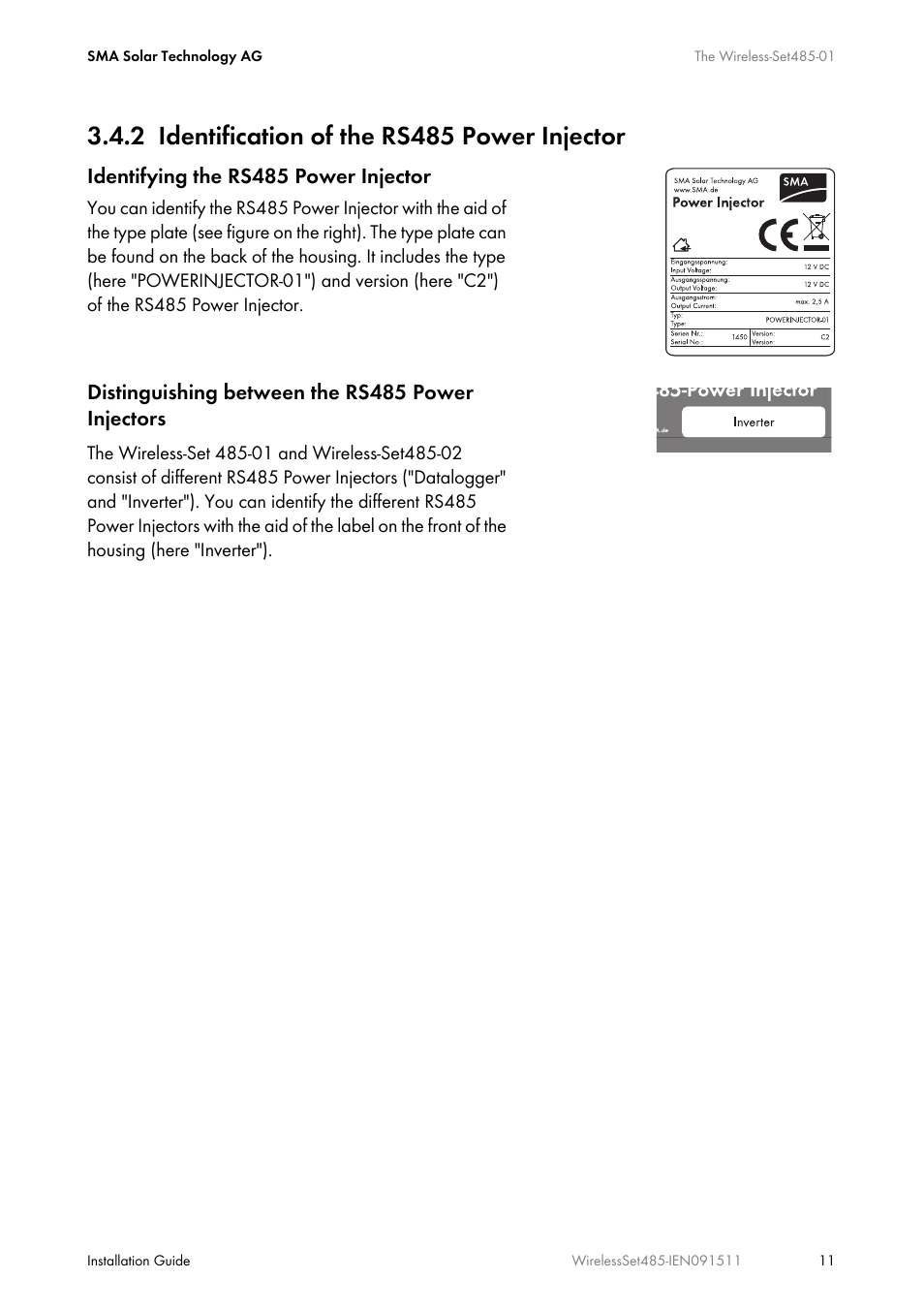 2 identification of the rs485 power injector, Identification of the rs485 power injector | SMA Wireless-Set485-01 User Manual | Page 11 / 36