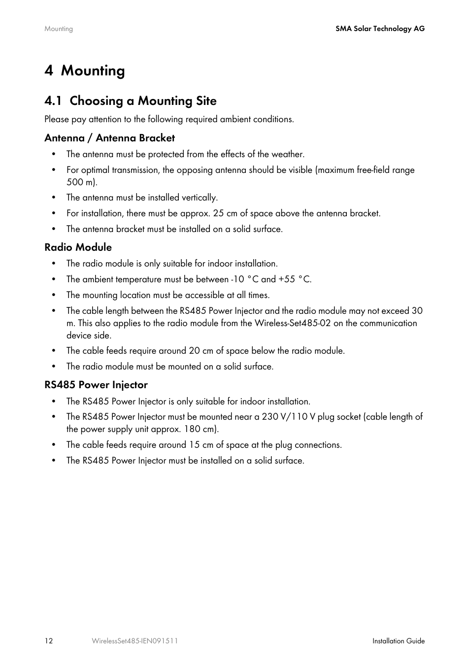 4 mounting, 1 choosing a mounting site, Mounting | Choosing a mounting site | SMA Wireless-Set485-01 User Manual | Page 12 / 36