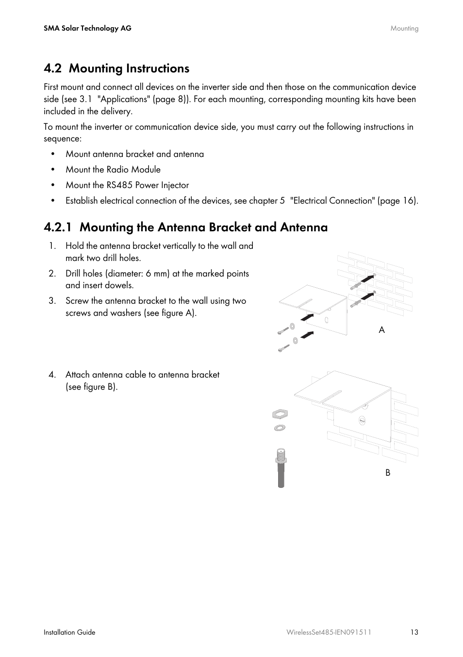 2 mounting instructions, 1 mounting the antenna bracket and antenna, Mounting instructions | Mounting the antenna bracket and antenna | SMA Wireless-Set485-01 User Manual | Page 13 / 36