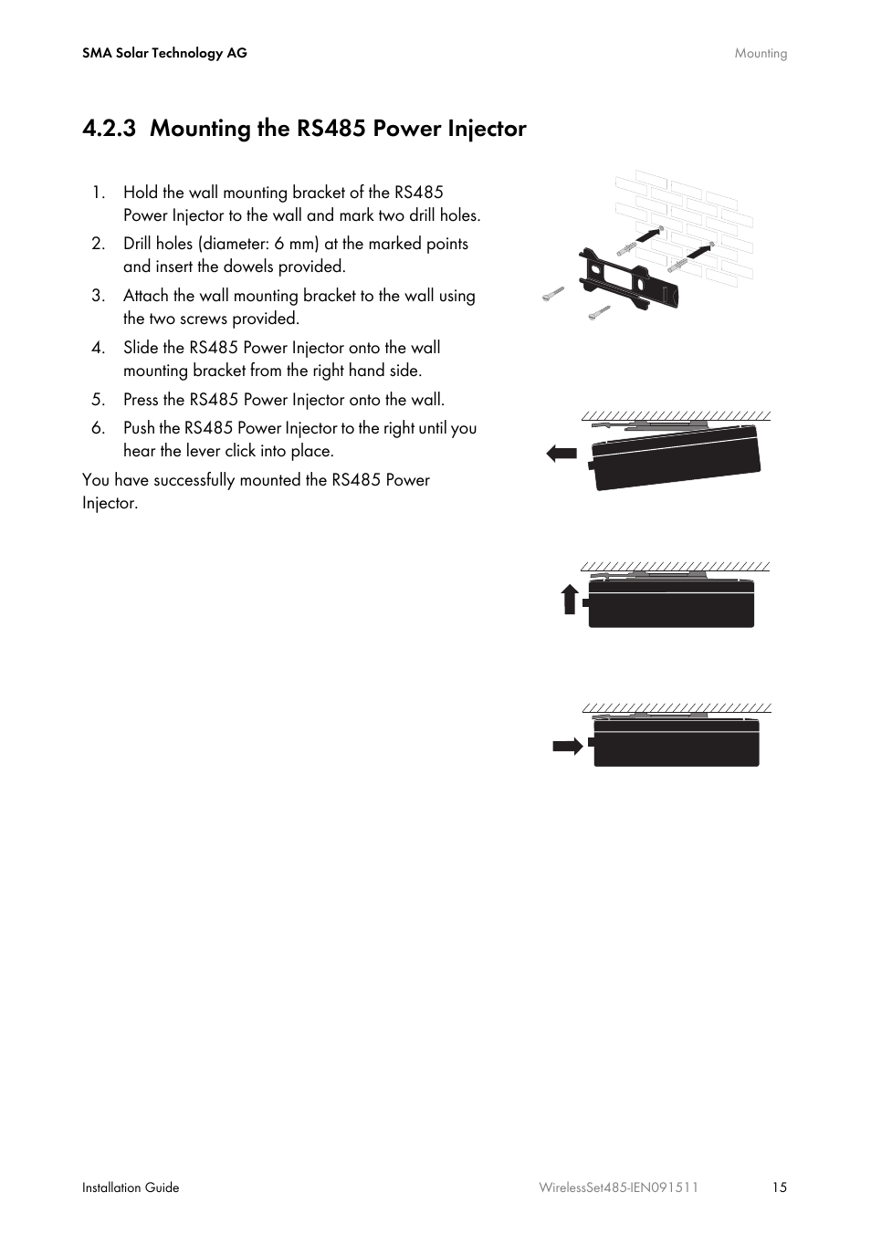 3 mounting the rs485 power injector, Mounting the rs485 power injector | SMA Wireless-Set485-01 User Manual | Page 15 / 36
