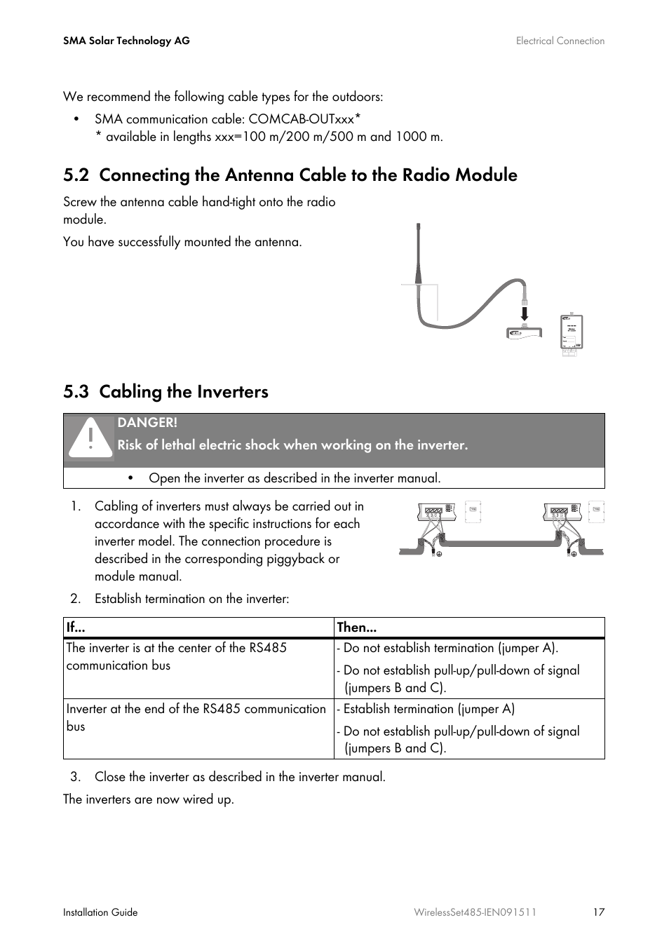 2 connecting the antenna cable to the radio module, 3 cabling the inverters, Connecting the antenna cable to the radio module | Cabling the inverters | SMA Wireless-Set485-01 User Manual | Page 17 / 36