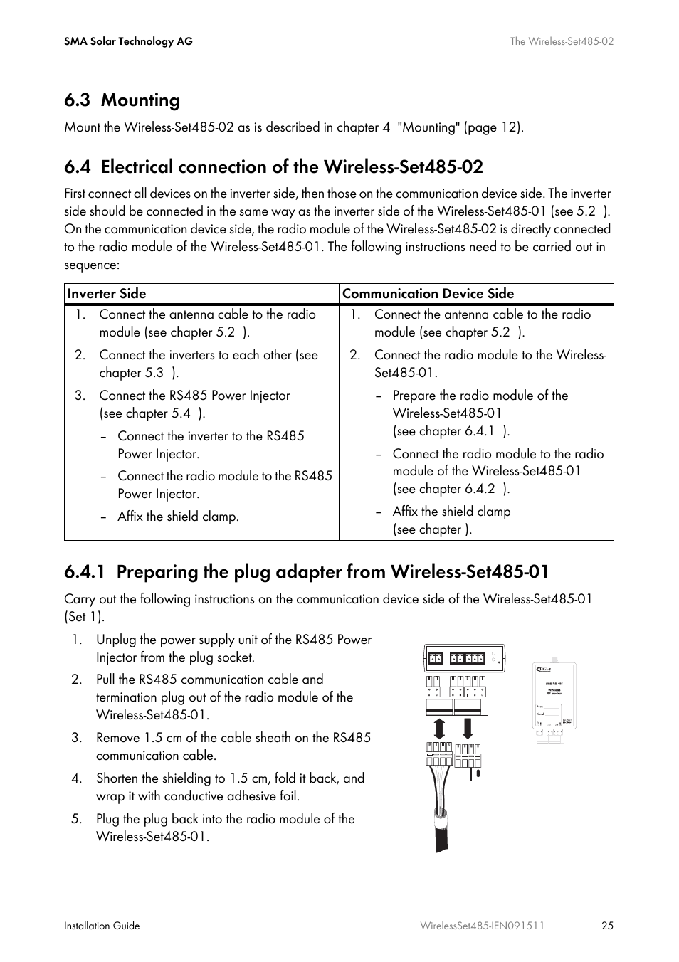 3 mounting, 4 electrical connection of the wireless-set485-02, Mounting | Electrical connection of the wireless-set485-02, Preparing the plug adapter from wireless-set485-01 | SMA Wireless-Set485-01 User Manual | Page 25 / 36
