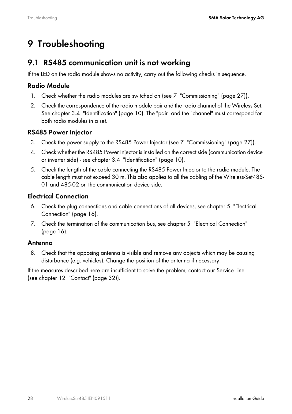 9 troubleshooting, 1 rs485 communication unit is not working, Troubleshooting | Rs485 communication unit is not working | SMA Wireless-Set485-01 User Manual | Page 28 / 36