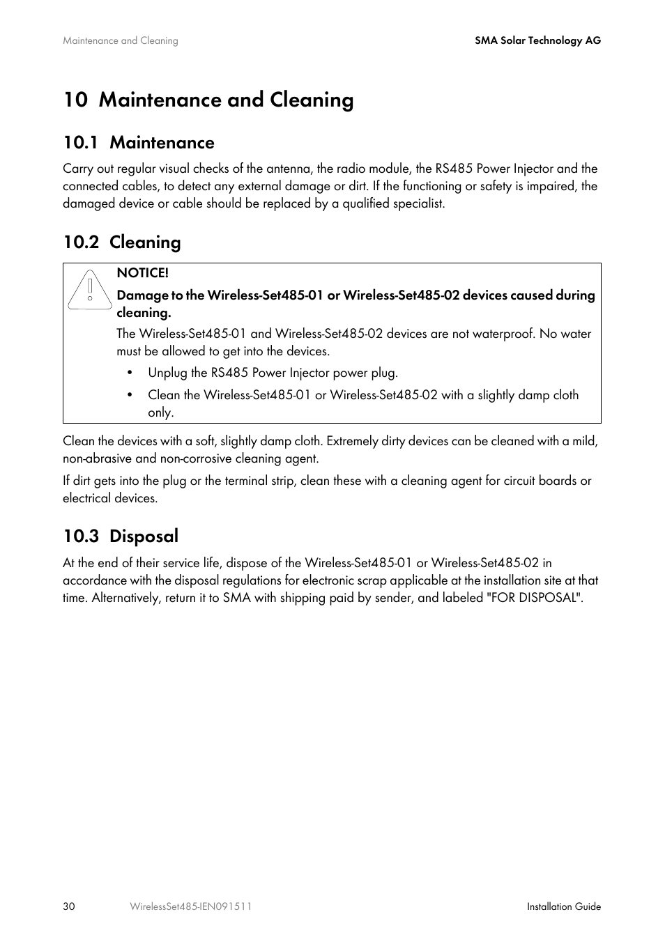 10 maintenance and cleaning, 1 maintenance, 2 cleaning | 3 disposal, Maintenance and cleaning, Maintenance, Cleaning, Disposal | SMA Wireless-Set485-01 User Manual | Page 30 / 36