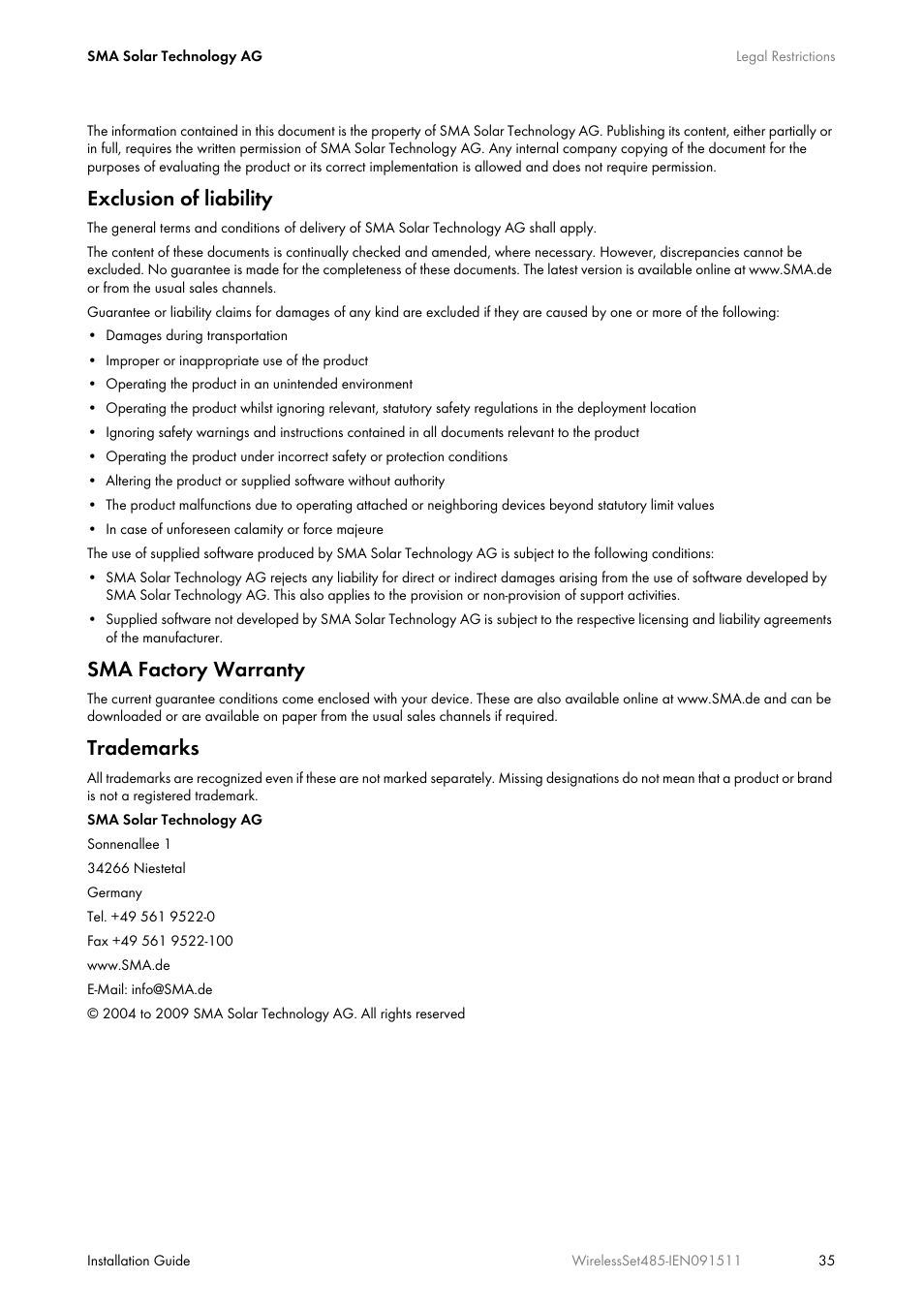 Exclusion of liability, Sma factory warranty, Trademarks | SMA Wireless-Set485-01 User Manual | Page 35 / 36