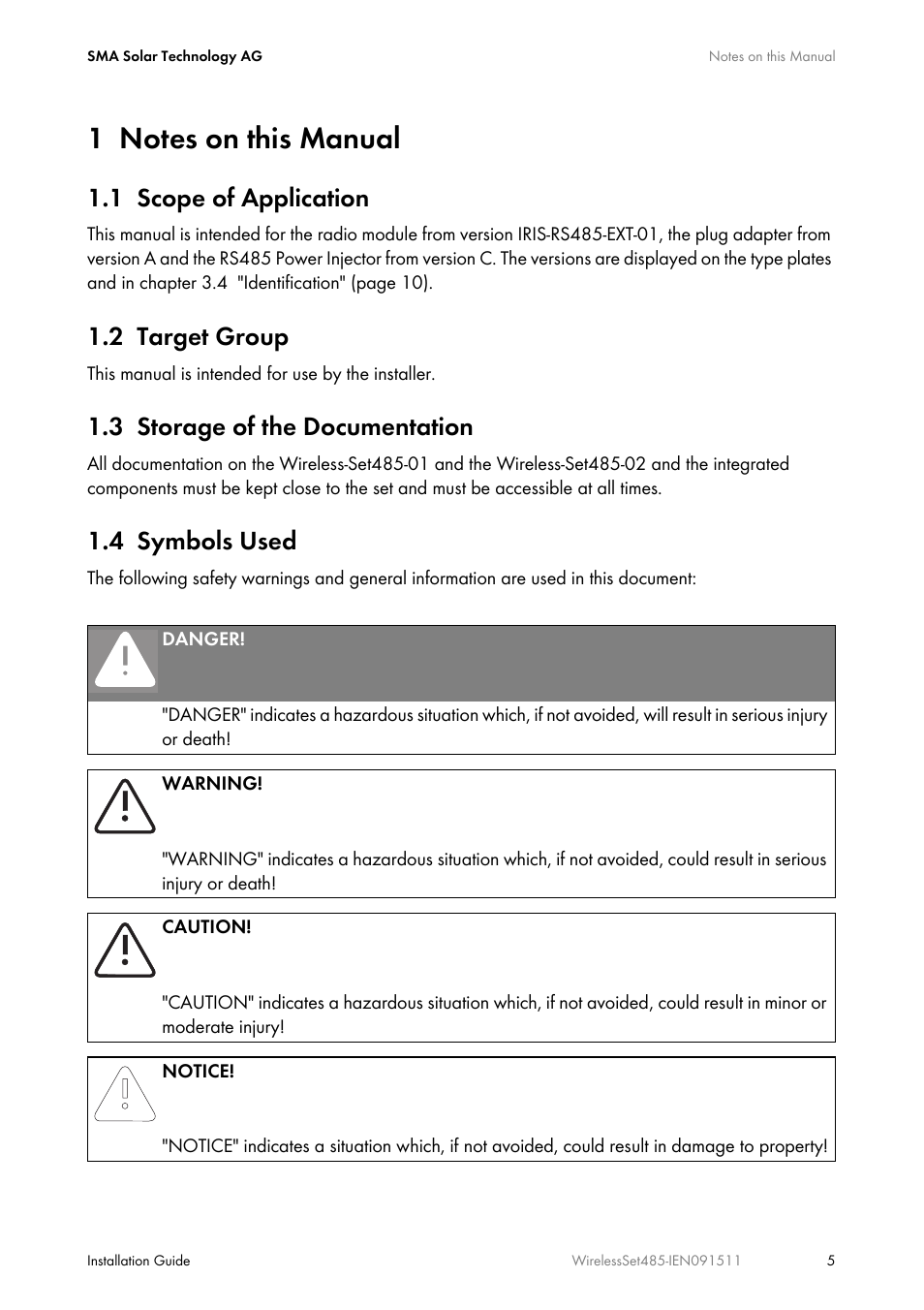 1 notes on this manual, 1 scope of application, 2 target group | 3 storage of the documentation, 4 symbols used, Notes on this manual, Scope of application, Target group, Storage of the documentation, Symbols used | SMA Wireless-Set485-01 User Manual | Page 5 / 36