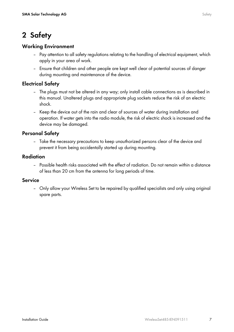 2 safety, Safety | SMA Wireless-Set485-01 User Manual | Page 7 / 36
