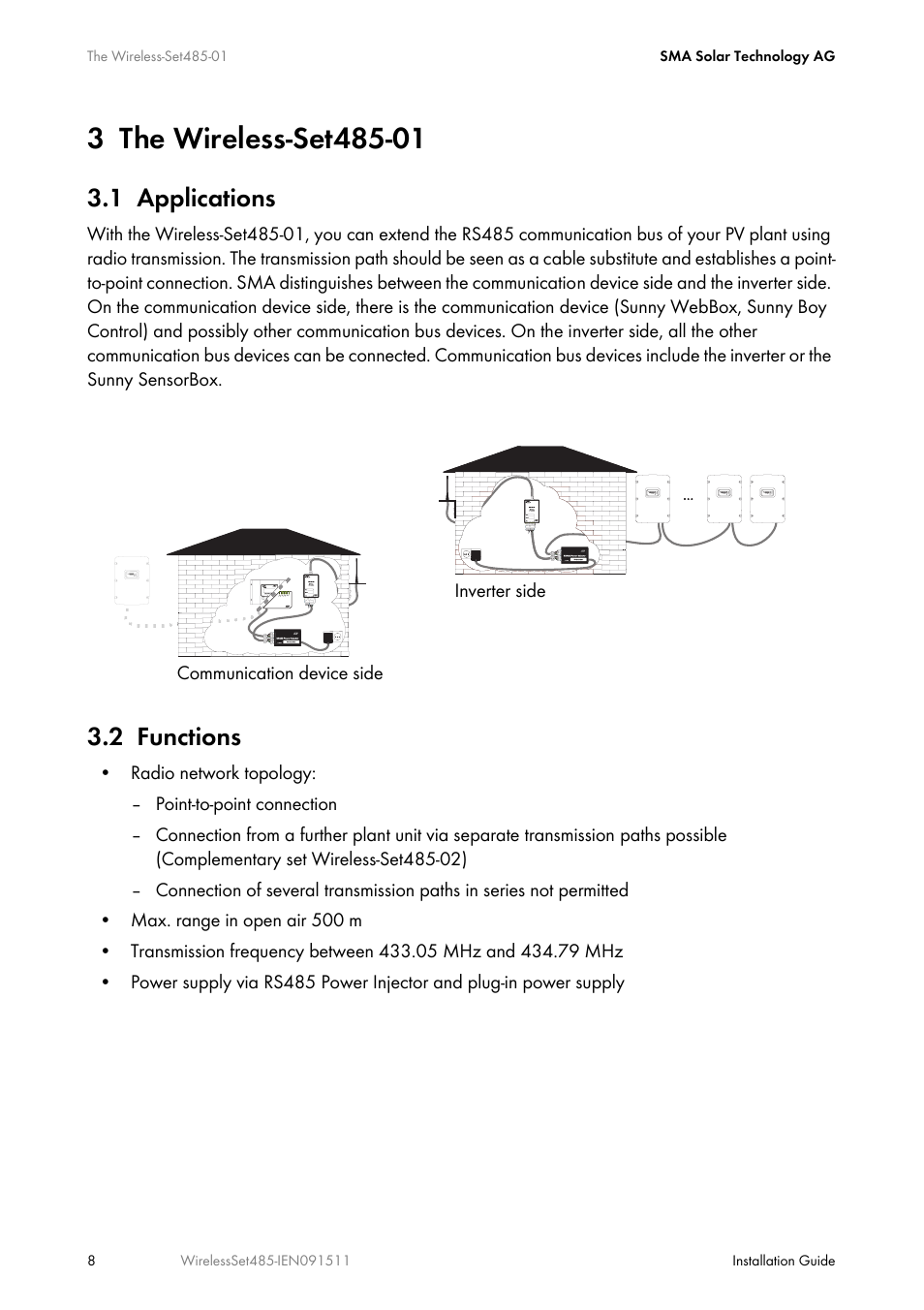 3 the wireless-set485-01, 1 applications, 2 functions | The wireless-set485-01, Applications, Functions | SMA Wireless-Set485-01 User Manual | Page 8 / 36