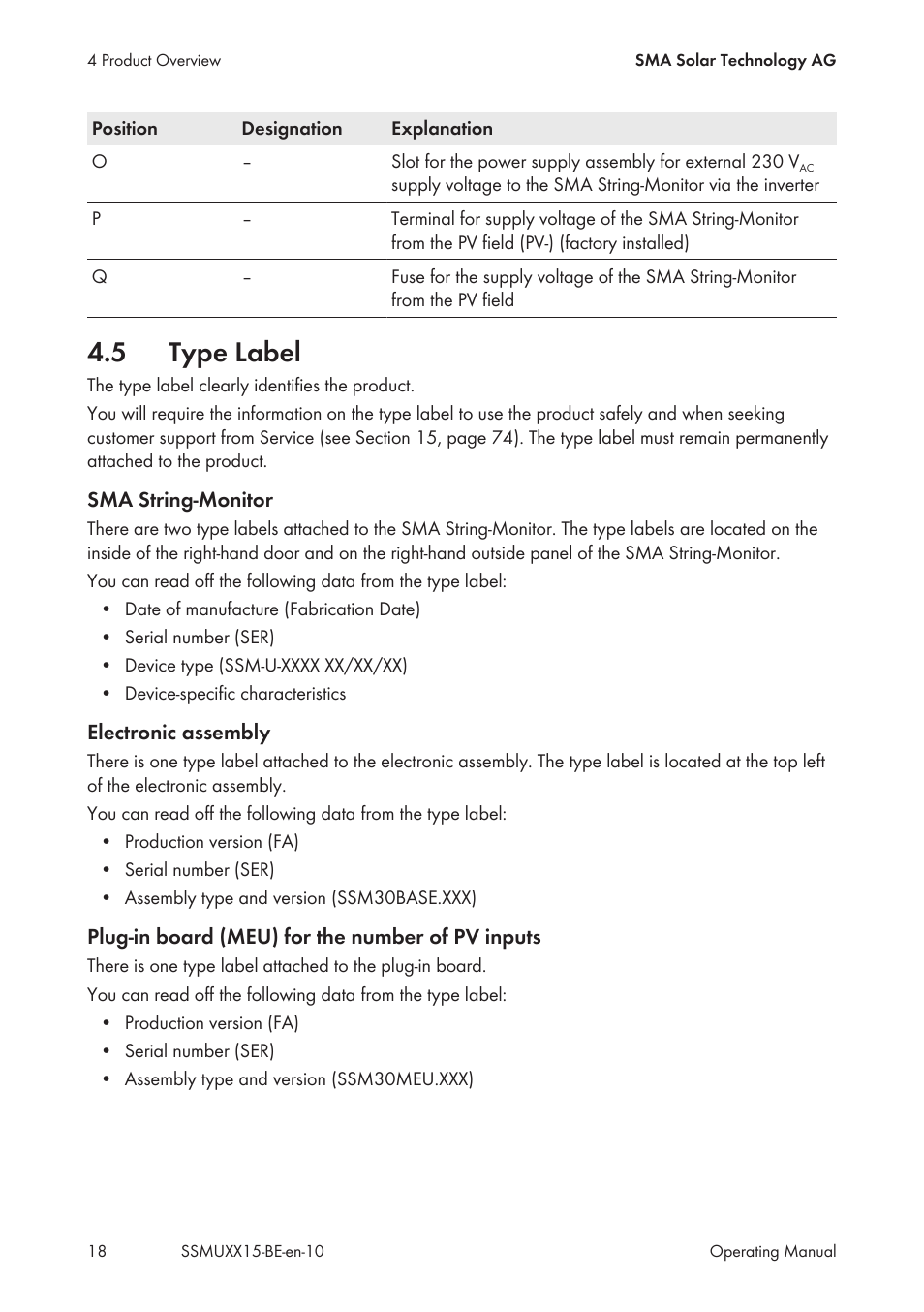 5 type label, Type label | SMA SSM-U-1615 User Manual | Page 18 / 76