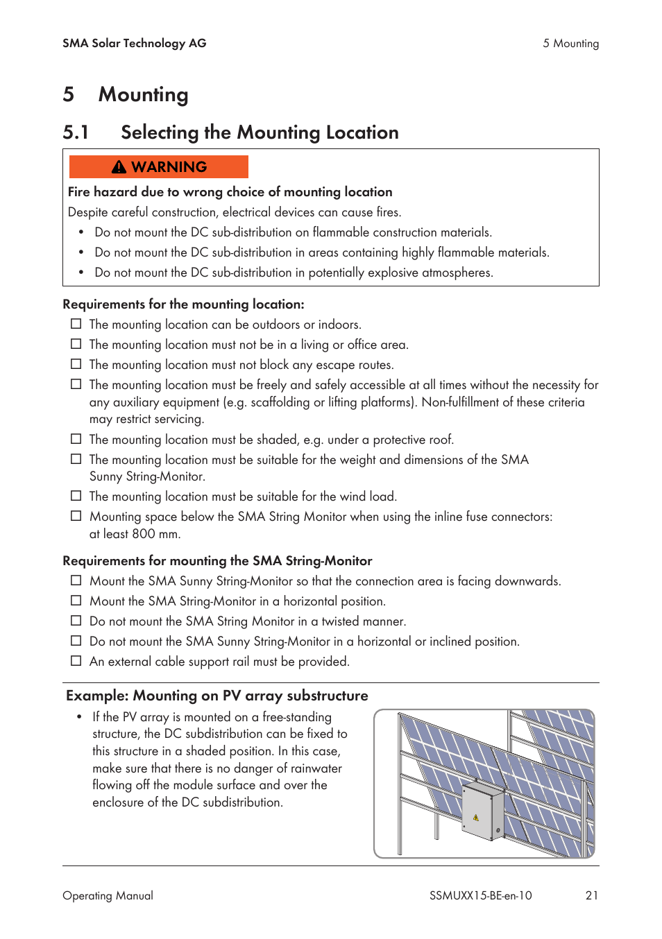 5 mounting, 1 selecting the mounting location, Mounting | Selecting the mounting location, 5mounting | SMA SSM-U-1615 User Manual | Page 21 / 76