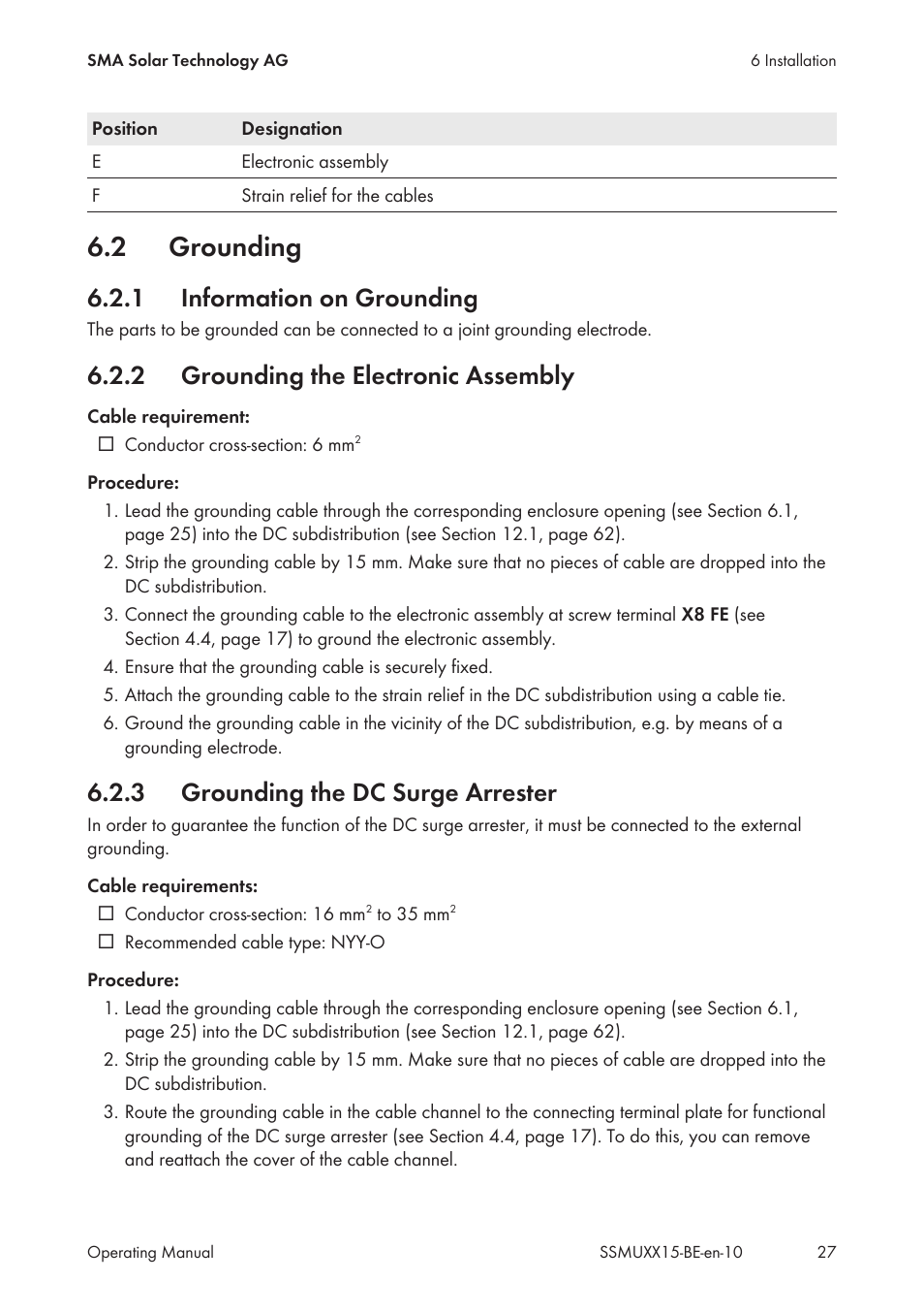 2 grounding, 1 information on grounding, 2 grounding the electronic assembly | 3 grounding the dc surge arrester, Grounding, Information on grounding, Grounding the electronic assembly, Grounding the dc surge arrester | SMA SSM-U-1615 User Manual | Page 27 / 76