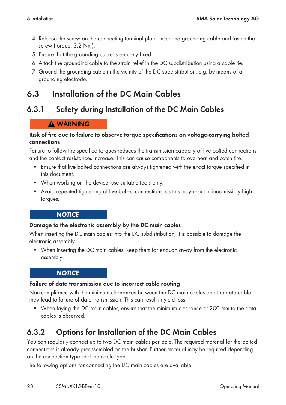 3 installation of the dc main cables, 1 safety during installation of the dc main cables, 2 options for installation of the dc main cables | Installation of the dc main cables, Safety during installation of the dc main cables, Options for installation of the dc main cables | SMA SSM-U-1615 User Manual | Page 28 / 76