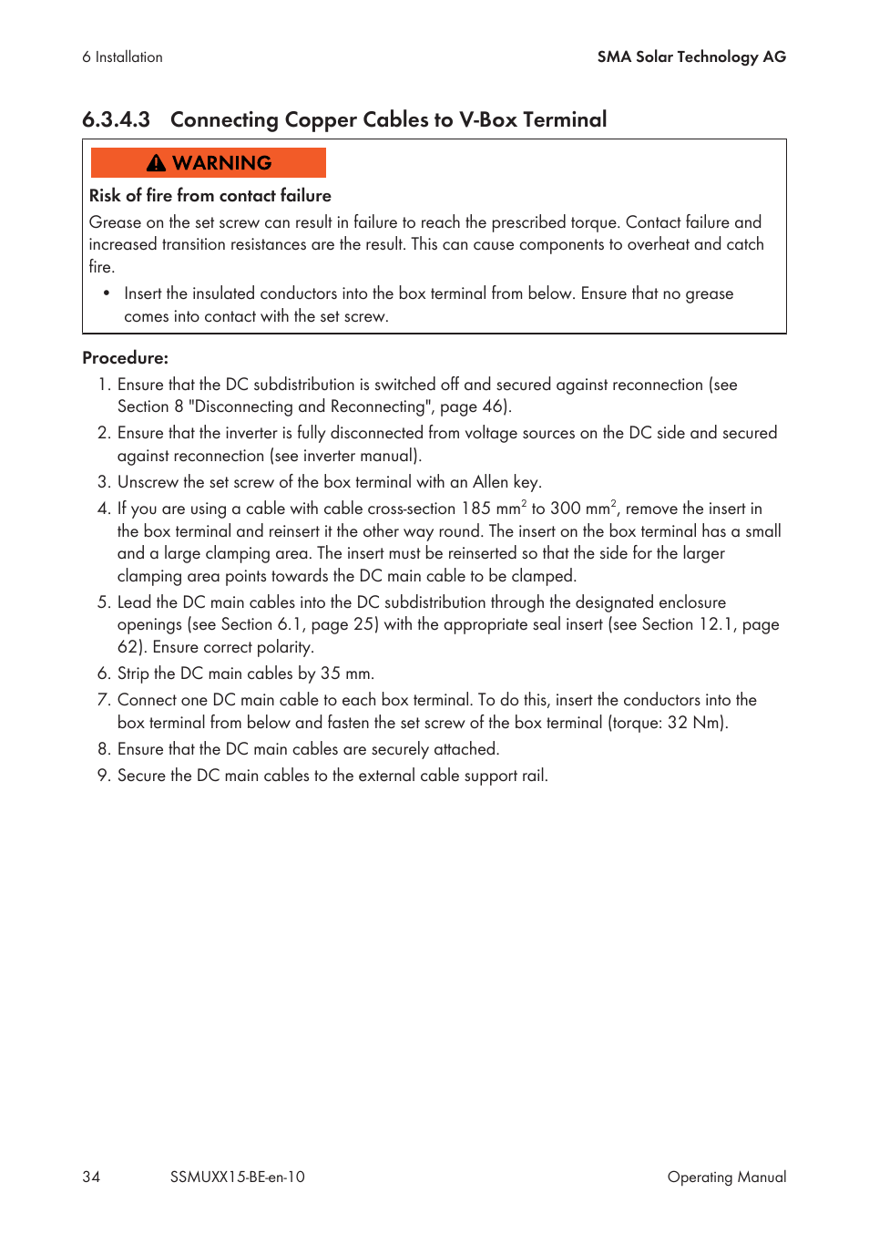 3 connecting copper cables to v-box terminal, Connecting copper cables to v-box terminal | SMA SSM-U-1615 User Manual | Page 34 / 76