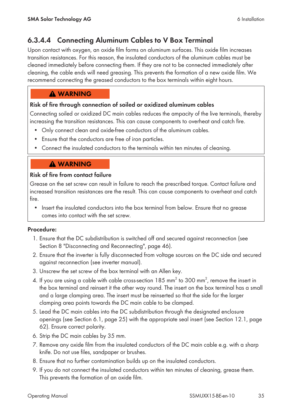 4 connecting aluminum cables to v box terminal, Connecting aluminum cables to v box terminal | SMA SSM-U-1615 User Manual | Page 35 / 76