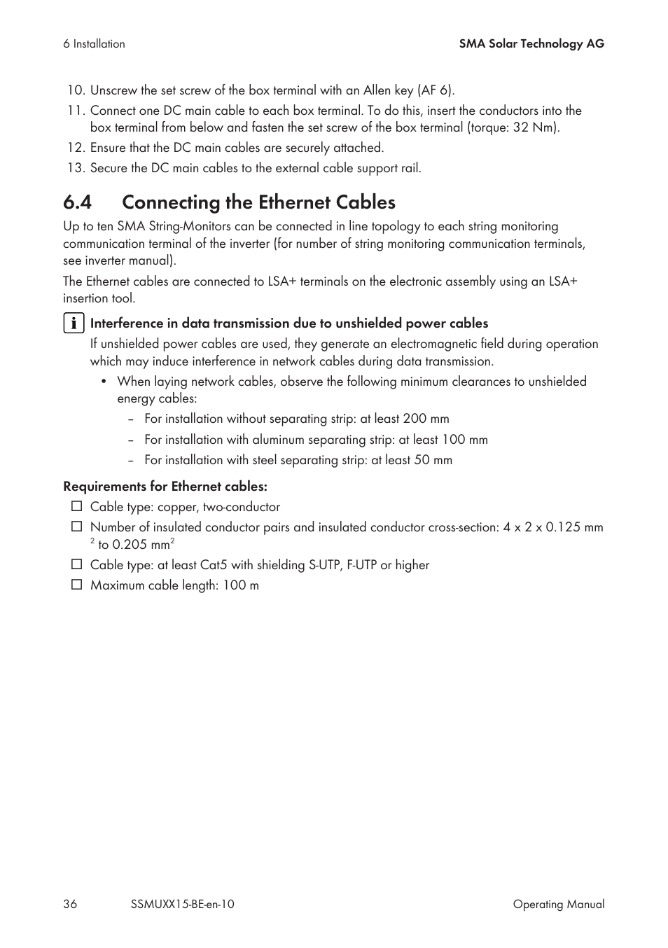 4 connecting the ethernet cables, Connecting the ethernet cables | SMA SSM-U-1615 User Manual | Page 36 / 76