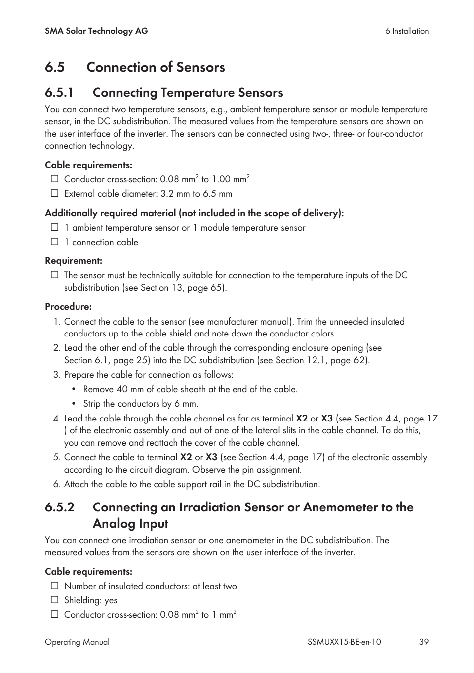 5 connection of sensors, 1 connecting temperature sensors, Connection of sensors | Connecting temperature sensors | SMA SSM-U-1615 User Manual | Page 39 / 76