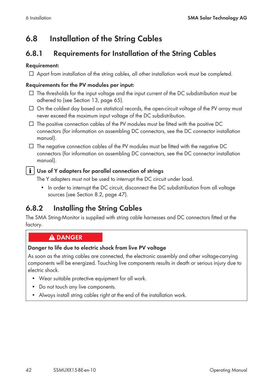 8 installation of the string cables, 2 installing the string cables, Installation of the string cables | Requirements for installation of the string cables, Installing the string cables | SMA SSM-U-1615 User Manual | Page 42 / 76