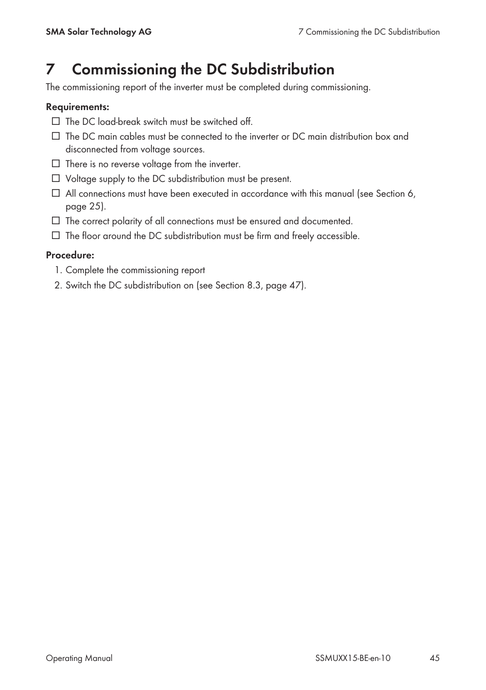 7 commissioning the dc subdistribution, Commissioning the dc subdistribution, 7commissioning the dc subdistribution | SMA SSM-U-1615 User Manual | Page 45 / 76