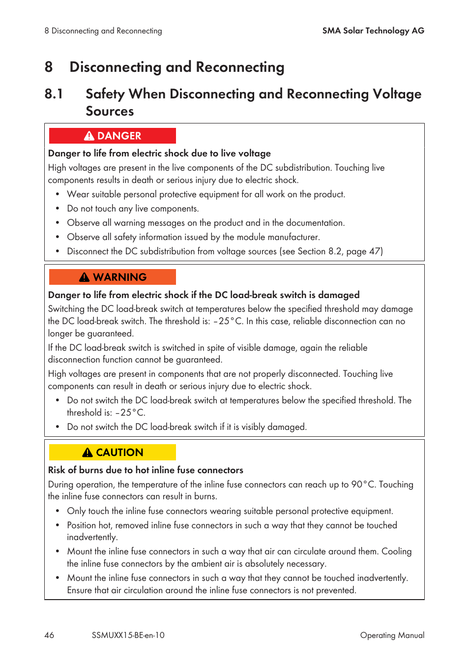 8 disconnecting and reconnecting, Disconnecting and reconnecting, 8disconnecting and reconnecting | SMA SSM-U-1615 User Manual | Page 46 / 76