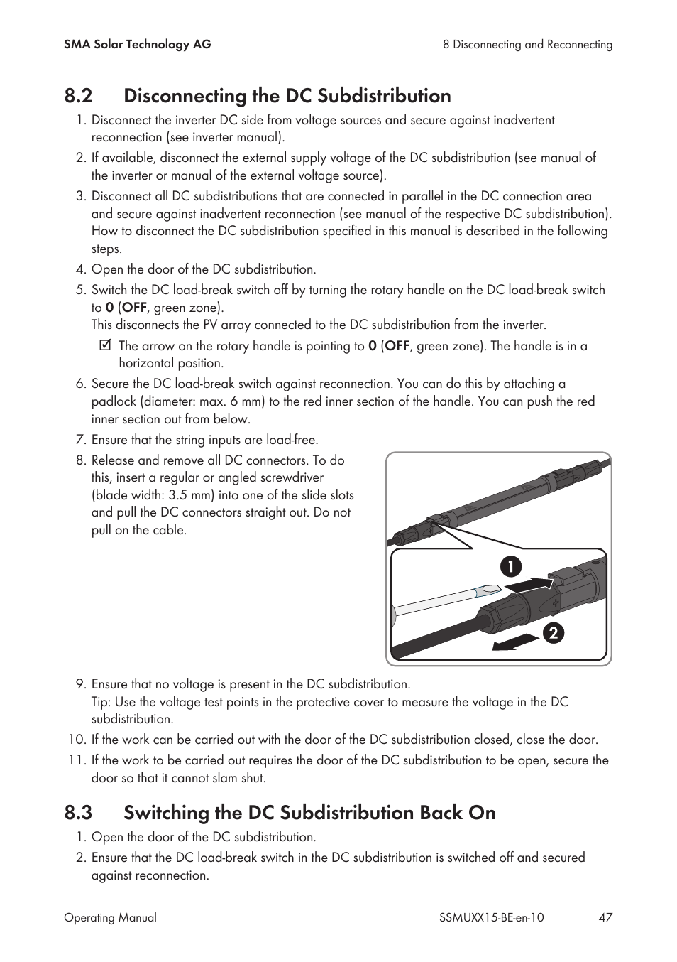 2 disconnecting the dc subdistribution, 3 switching the dc subdistribution back on, Disconnecting the dc subdistribution | Switching the dc subdistribution back on | SMA SSM-U-1615 User Manual | Page 47 / 76