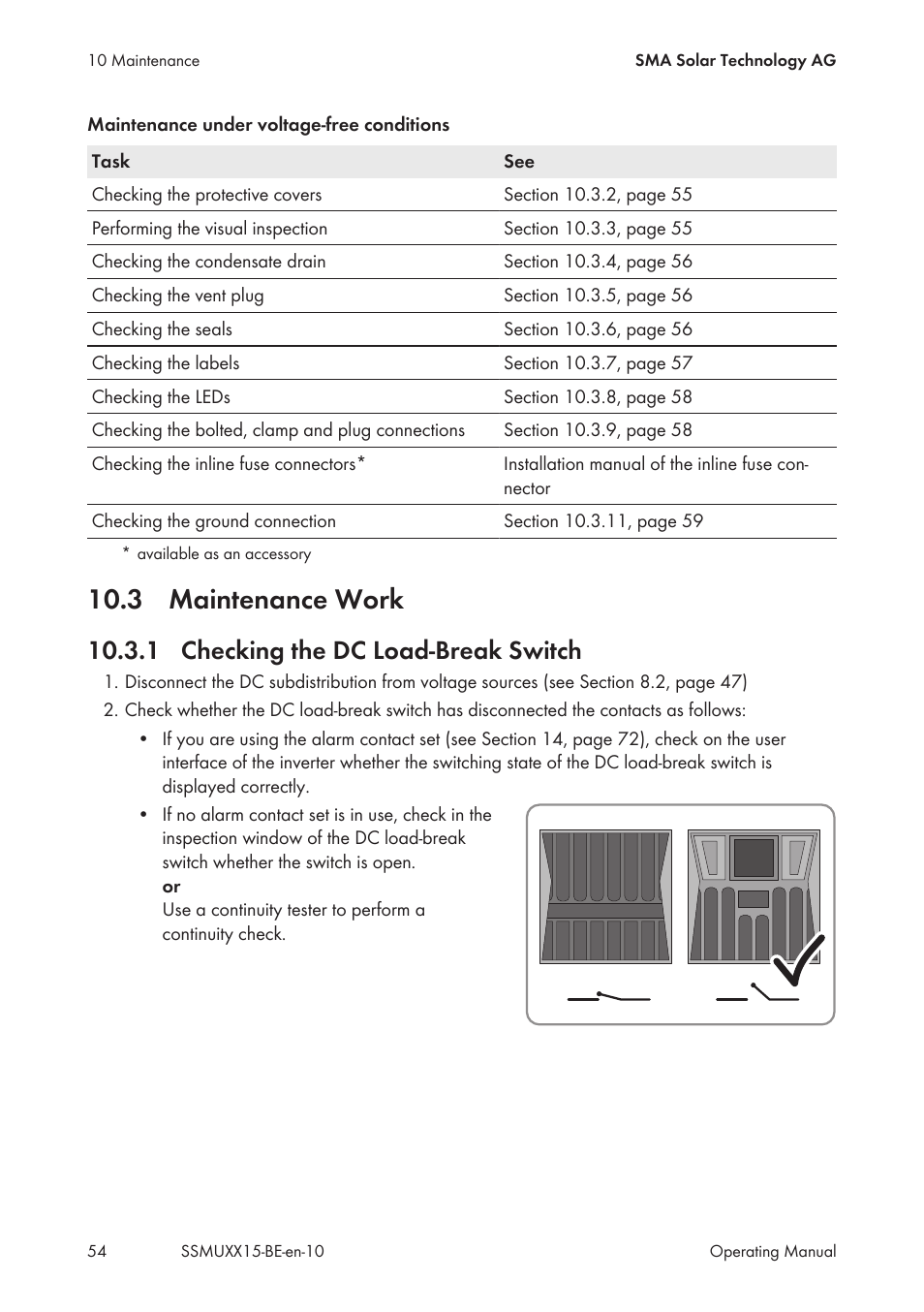 3 maintenance work, 1 checking the dc load-break switch | SMA SSM-U-1615 User Manual | Page 54 / 76