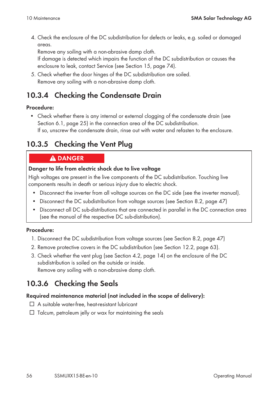 4 checking the condensate drain, 5 checking the vent plug, 6 checking the seals | SMA SSM-U-1615 User Manual | Page 56 / 76