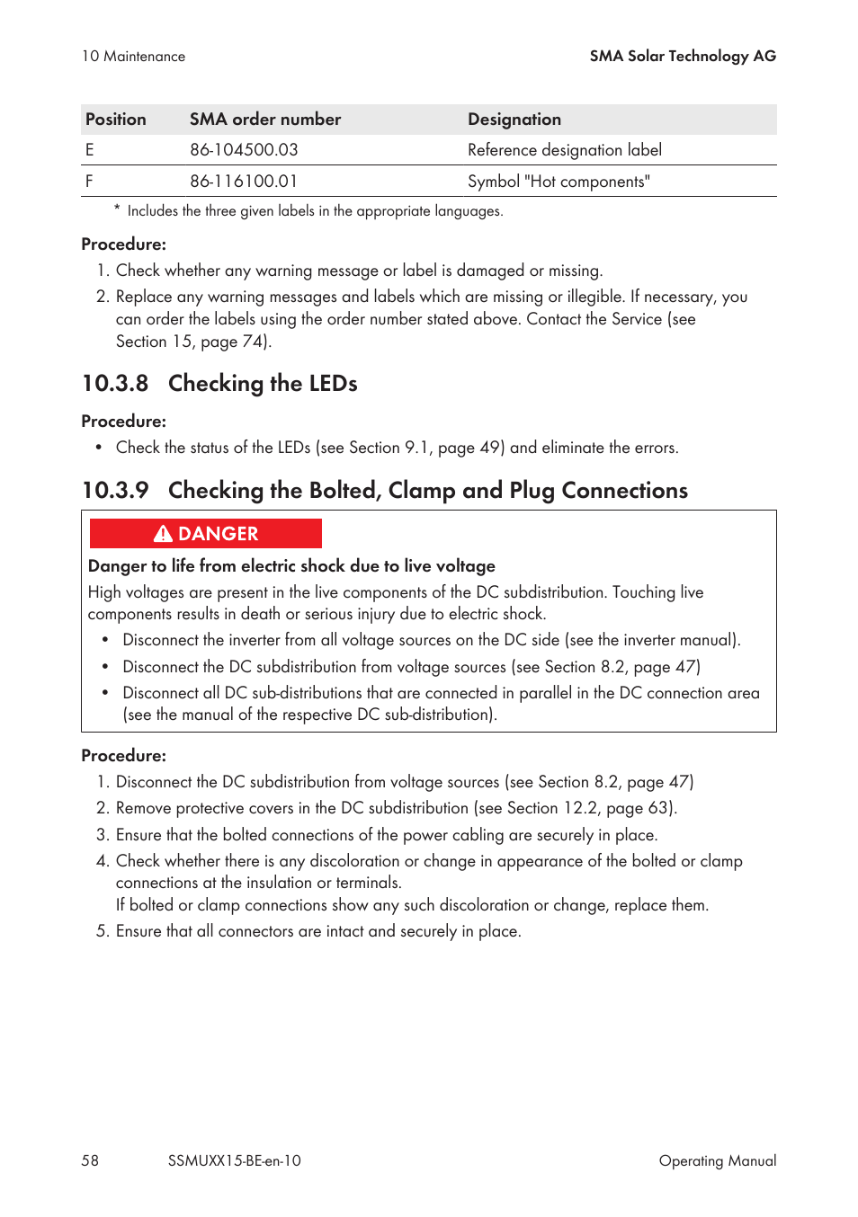 8 checking the leds, 9 checking the bolted, clamp and plug connections | SMA SSM-U-1615 User Manual | Page 58 / 76