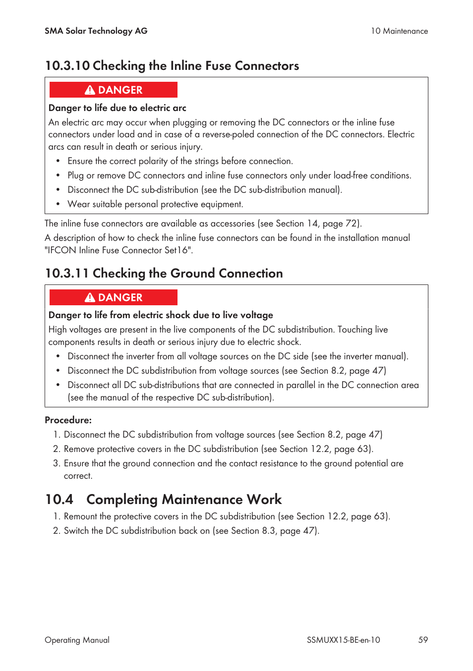 10 checking the inline fuse connectors, 11 checking the ground connection, 4 completing maintenance work | SMA SSM-U-1615 User Manual | Page 59 / 76