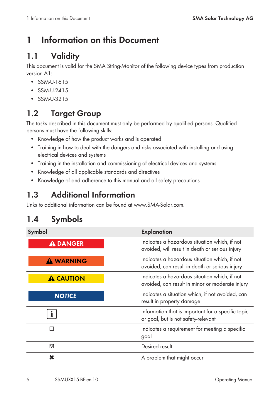 1 information on this document, 1 validity, 2 target group | 3 additional information, 4 symbols, Information on this document, Validity, Target group, Additional information, Symbols | SMA SSM-U-1615 User Manual | Page 6 / 76