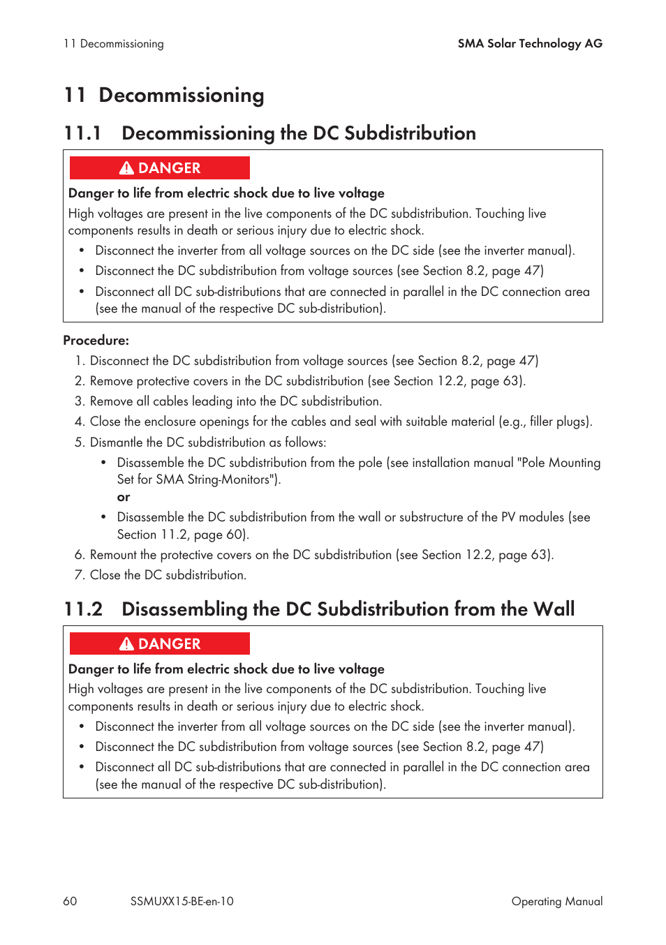 11 decommissioning, 1 decommissioning the dc subdistribution | SMA SSM-U-1615 User Manual | Page 60 / 76
