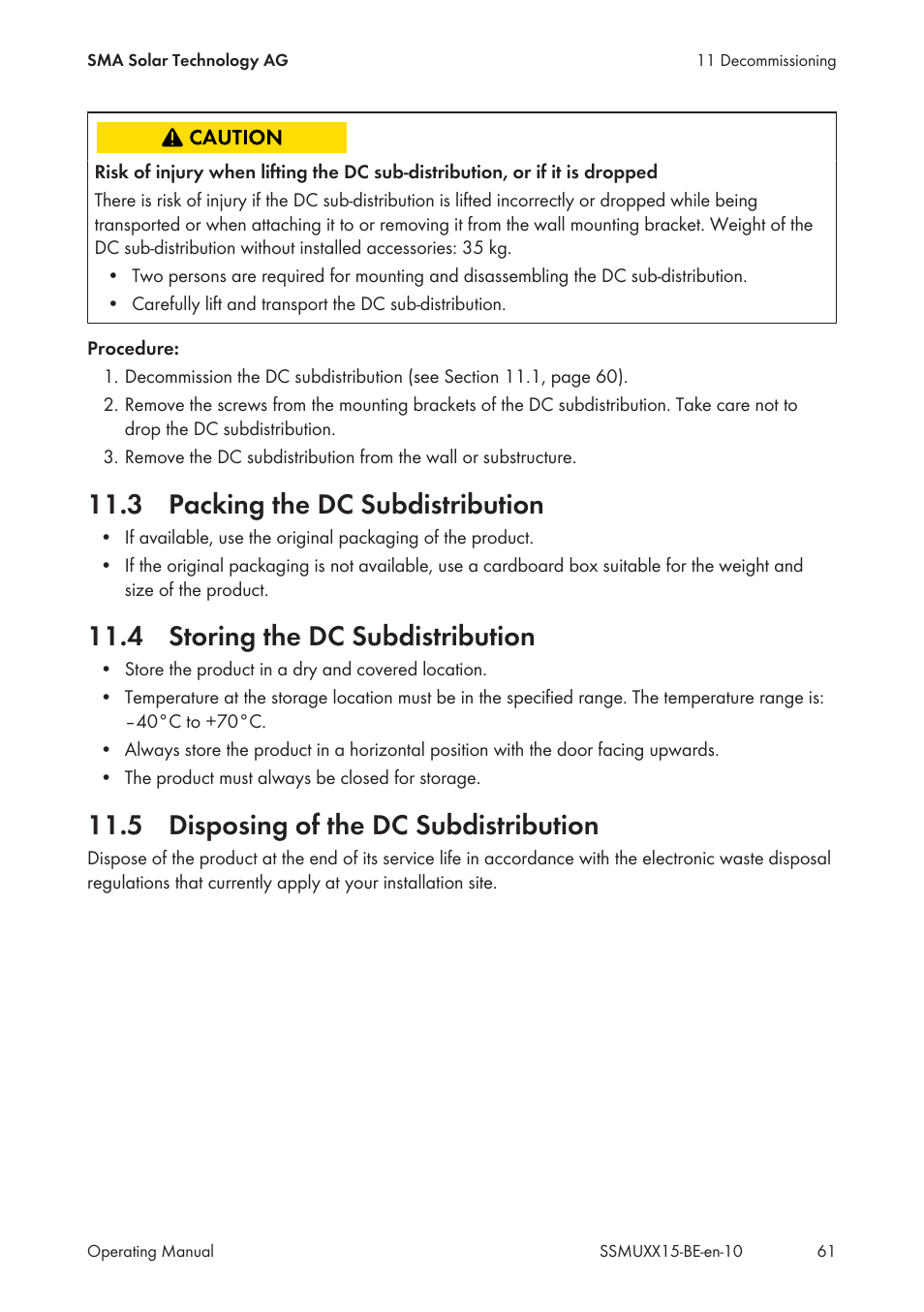 3 packing the dc subdistribution, 4 storing the dc subdistribution, 5 disposing of the dc subdistribution | SMA SSM-U-1615 User Manual | Page 61 / 76