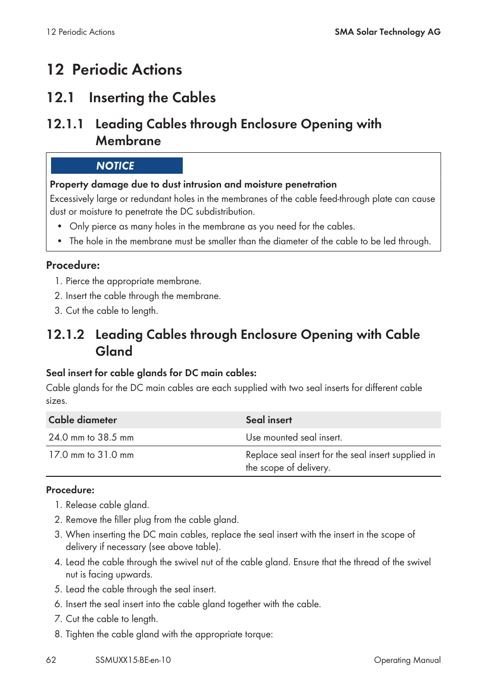 12 periodic actions, 1 inserting the cables | SMA SSM-U-1615 User Manual | Page 62 / 76