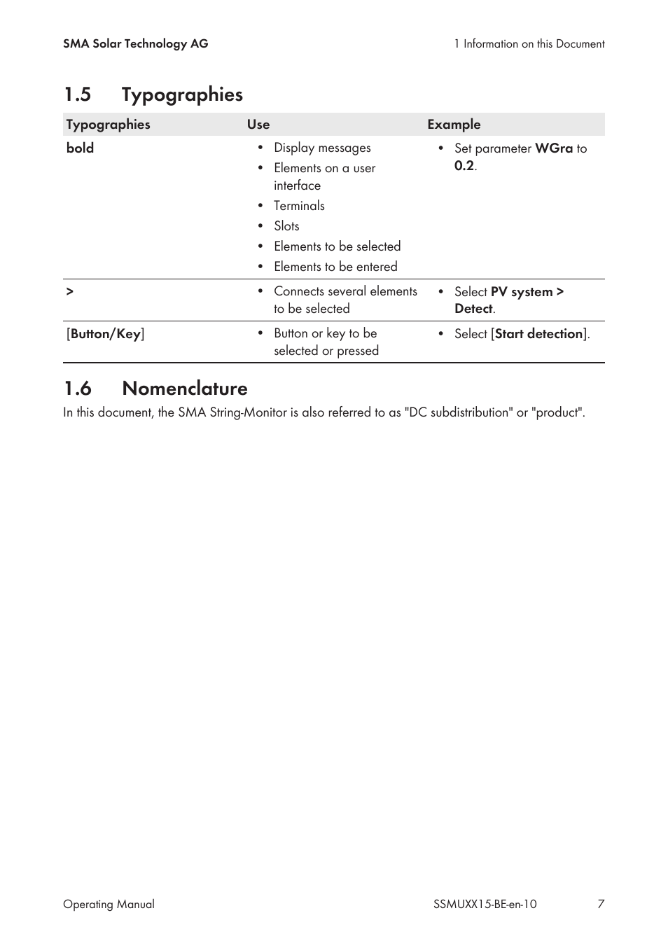 5 typographies, 6 nomenclature, Typographies | Nomenclature | SMA SSM-U-1615 User Manual | Page 7 / 76