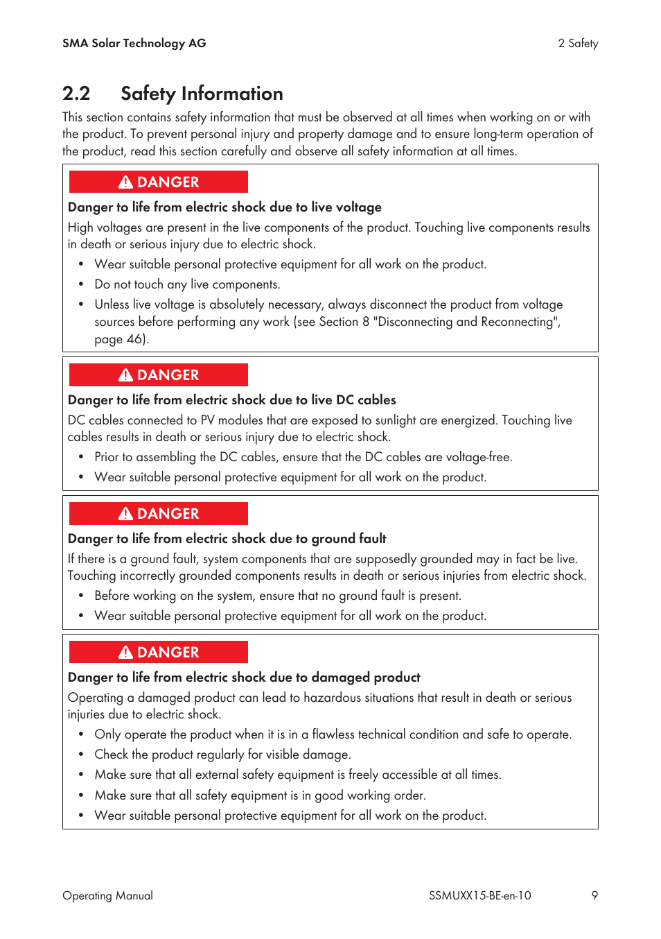 2 safety information, Safety information | SMA SSM-U-1615 User Manual | Page 9 / 76