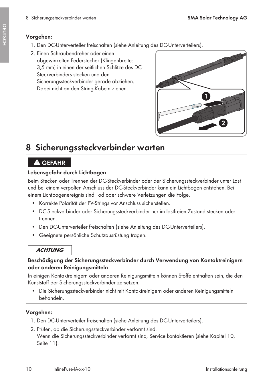 8 sicherungssteckverbinder warten, Sicherungssteckverbinder warten | SMA IFCON Inline-Fuse-Connector-Set16 User Manual | Page 10 / 88