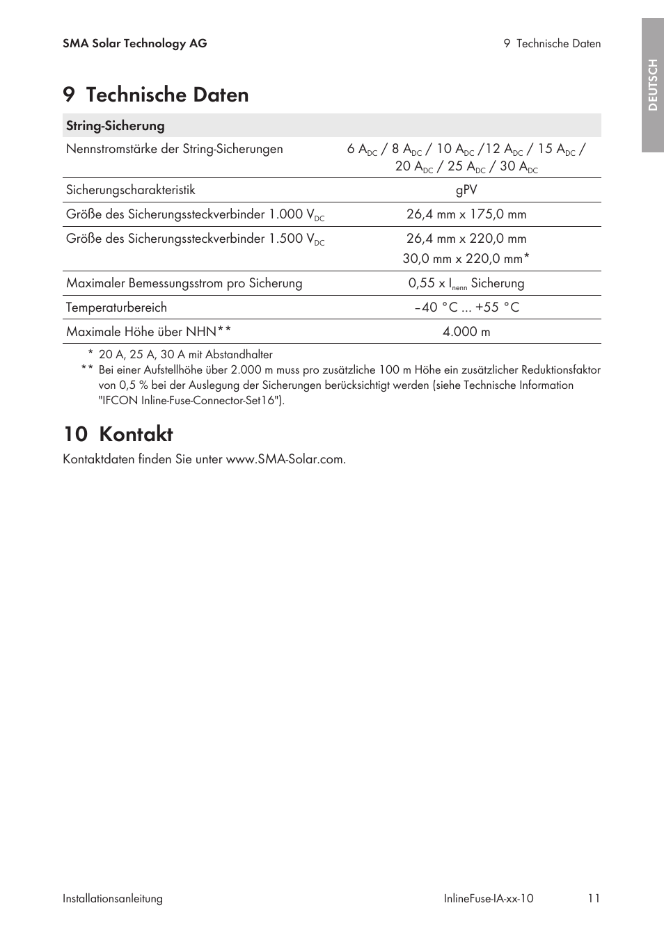 9 technische daten, 10 kontakt, Technische daten | SMA IFCON Inline-Fuse-Connector-Set16 User Manual | Page 11 / 88