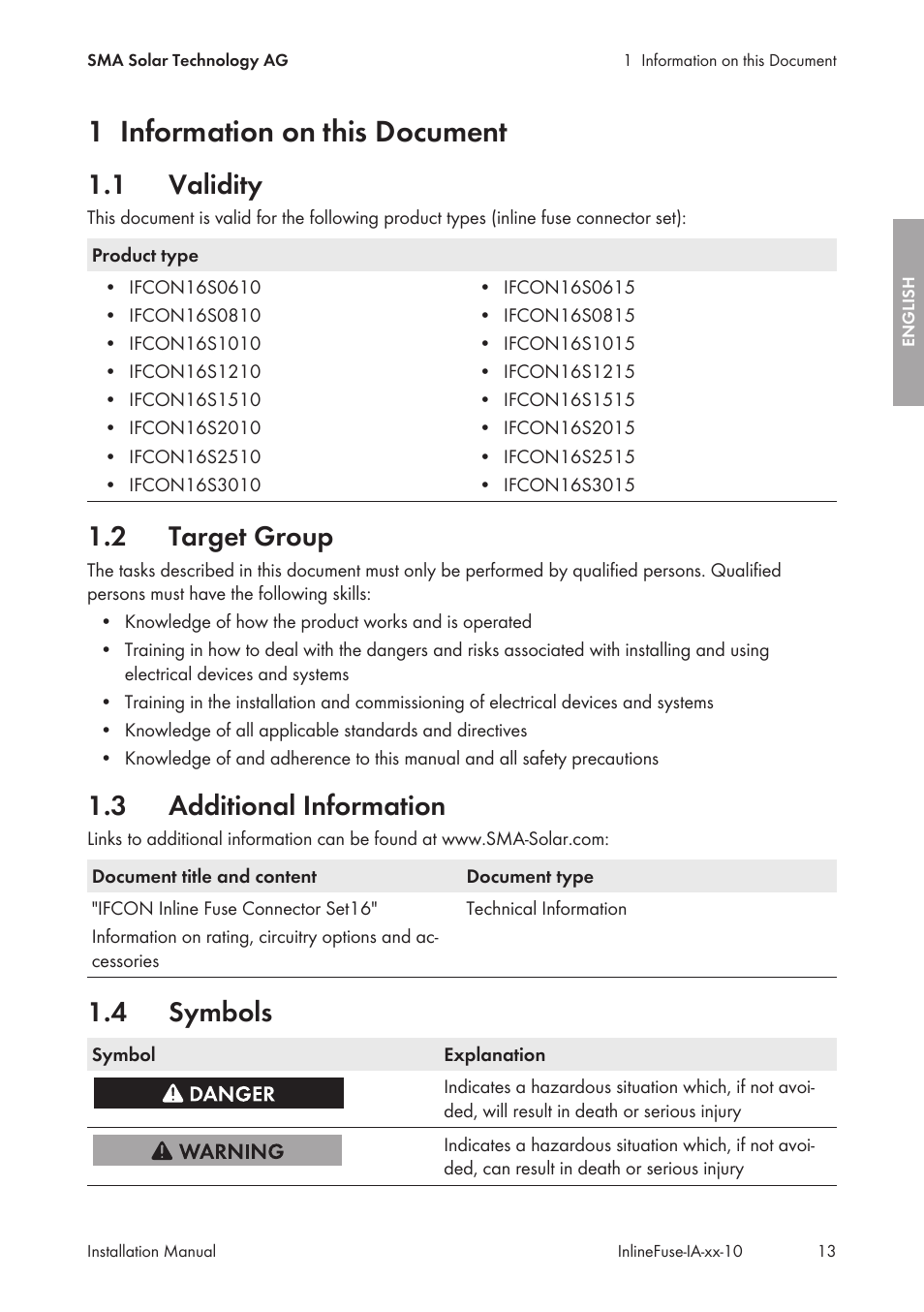 1 information on this document, 1 validity, 2 target group | 3 additional information, 4 symbols, Information on this document, Validity, Target group, Additional information, Symbols | SMA IFCON Inline-Fuse-Connector-Set16 User Manual | Page 13 / 88