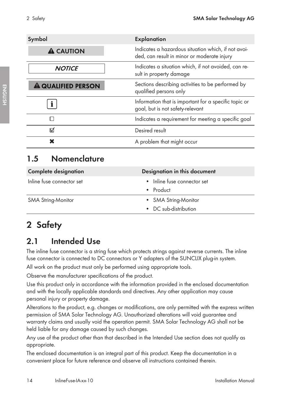 5 nomenclature, 2 safety, 1 intended use | Nomenclature, Safety, Intended use | SMA IFCON Inline-Fuse-Connector-Set16 User Manual | Page 14 / 88